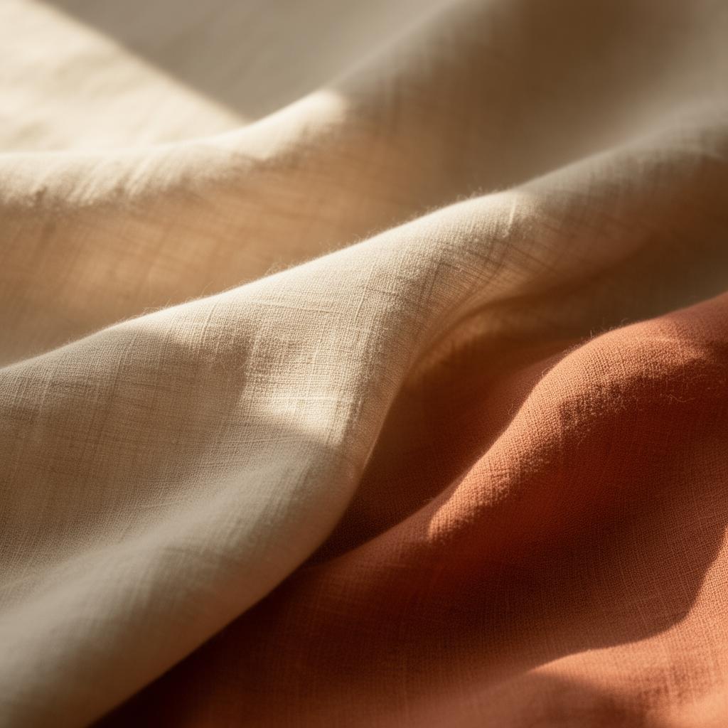 Tissus en lin doux aux tons beige et terracotta, lumière naturelle